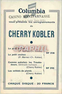 Cherry Kobler — śpiewaczka w Kasynie Montparnasse — wydawca Andoral Paris — Rewers