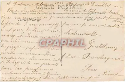 Mulher em vestido elegante — com buquê de flores — editor '377' e carimbo de 10c — Verso