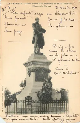 Le Creusot - Estátua erguida em Memória de M. E. Schneider (Obra de Chapu) - G. Paniot, editor Le Creusot, N° 9