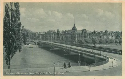 Konstanz (Lago de Constança) — Nova ponte do rio Reno e hotel — Verlag Erwin Burdin, Br. i. Br.
