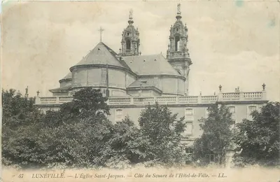 Bilhete postal antigo Luneville a igreja Saint Jacques cota do square do hotel de ville