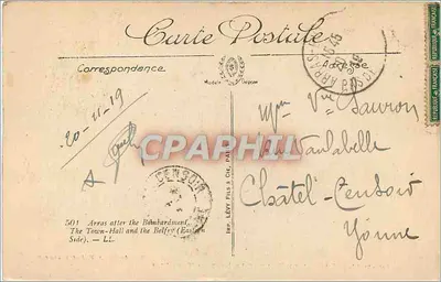 Arras após o bombardeio — O Hotel de Ville e o Sino (lado leste) — Edição Au Puchs, 8 Rue Ernestolo — Verso
