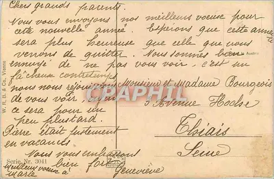 Kaplica zasypana śniegiem — scenka zimowa z inskrypcją 'Bonne Année' — W. R. B. & Co. Wiedeń, seria 3041 — Rewers
