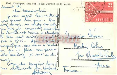 Champex, widok na Gd Combín i Vélán — Wydawnictwo Martigny nr 1308 — Rewers