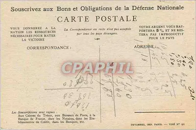 Soldat schreit 'On les aura !' — Kaufen Sie Nationalverteidigungsobligationen — Devambez, Druckerei Paris — Genehmigt N° 90 — Rückseite