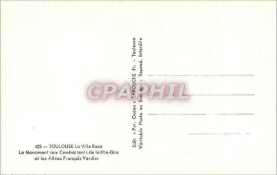 Toulouse — Miasto Różowe — Pomnik Wszystkich Wojowników i Aleje François Verdier — Wydawca: Pyn. Océan — Rewers