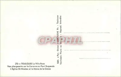 Toulouse — Vista aérea da Garonne, o Ponte Suspensa, a Igreja de São Nicolau e o Domo de La Grave — Editor Océan, n° 372 — Verso