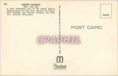 Nowy Jork — widok na ONZ z budynkiem Empire State i Chrysler Building — Manhattan Post Card Co. — Rewers