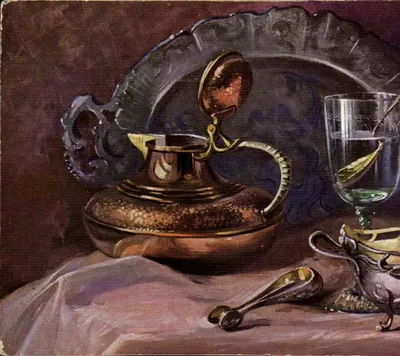 Natureza morta — objetos metálicos e vidro — Tuck's Post Card, série 3172