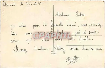 Pensamientos y paisaje invernal — Feliz Año — editor M.D. París, número de serie no visible — Reverso