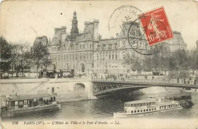 Bilhete postal antigo Paris O Hotel de Ville e o Pont d'Arcole