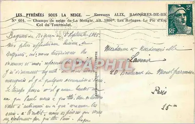 Pyrreny pod śniegiem — Polany śnieżne La Mongie. Wys. 1800m. Schrony. Pic d'Espagne — Wydawnictwo Alix, Bagnères-de-Bigorre, N° 604 — Rewers
