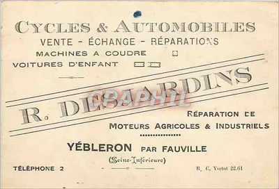 R. Desbardins — Venda, troca e reparos de bicicletas e automóveis — Yébleron (Seine-Inférieure)