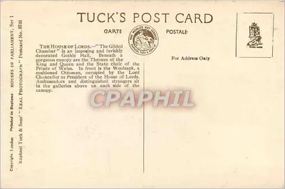 La Camera Dorata — Casa dei Lord — Tuck's Post Card, Set 3731 — Verso