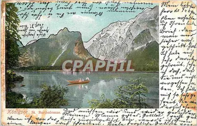 Königsee, St. Bartholomä — paisagem lacustre com barco — editor não identificado
