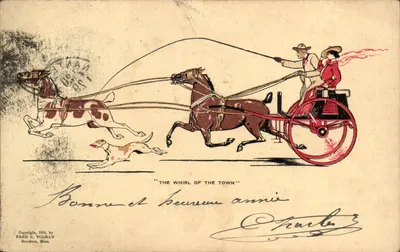 Cavaleiro e passageira em carruagem — 'THE WHIRL OF THE TOWN' — Fred S. Tolman, Brockton, Mass. (1904)