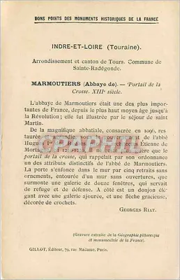 Sainte-Radégonde (Indre-et-Loire) — Abadia de Marmoutiers — Os Monumentos Históricos da França (4a Série). — Verso