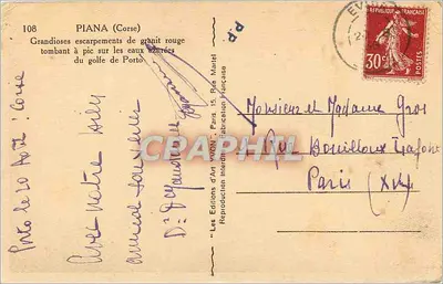 Piana (Córcega) — Impresionantes acantilados de granito rojo que caen en picado sobre las aguas azules del golfo de Porto — Les Editions d'Art YVON — Reverso