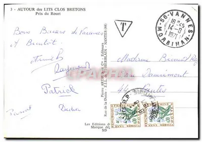 Scena życia bretońskiego — para w tradycyjnym stroju obok tkalni — wydawca Pierre Artaud & Cie, Nantes — Rewers