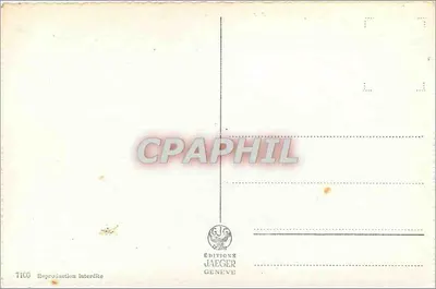 Genève — Vue panoramique avec la Rade, le Jet d'Eau, l'Île Rousseau, le Mont-Blanc, le Monument Brunswick, le Théâtre du Général Dufour, les cygnes, la Gare Cornavin, le Palais des Nations, la Cathédrale de St-Pierre et le Bureau International du Travail — Éditions Jaeger — Verso