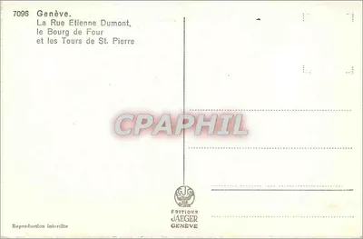 Ginebra — La Rue Étienne Dumont, el Burgo de Four y las Torres de San Pedro — Ediciones Jaeger — Reverso