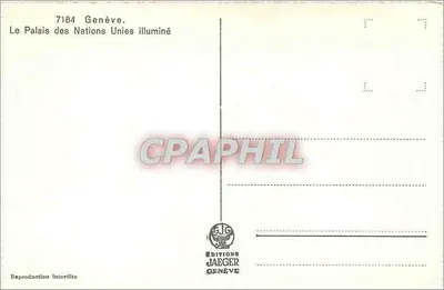 Palácio das Nações — Genebra iluminado — Éditions Jaeger, n° 7184 — Verso