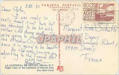 Katedra w Meksyku — Widok nocny — TARJETA POSTAL 'VISTACOLOR' n°174A — Rewers