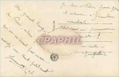 Kobieta w różowej sukni na pontonie — krajobraz jeziora z irisami — wydawca Nojer, n° 2664 — Rewers