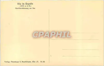 Sils na Engadina — Tempestade sobre o lago — Editora: Photohaus E. Meerkämper, Sils i.E. Nr.85 — Verso