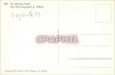St. Moritz-Dorf — com o Piz Languard e o Albris — Verlag FOTO MAX; Max Wagner, St. Moritz — Verso