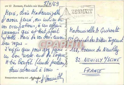 Zermatt, Findeln z Matterhorn — Zermatt, wydawca A. Persan-Barberini, n° cw 12 — Rewers