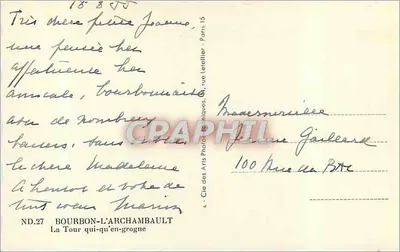 A Torre que-en-groigne — Bourbon-L'Archambault — ND.27 — Cle des Arts Photographiques — Verso