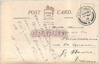 The Thames Embankment — widok rzeki i statku — wydawca M. & L. Ltd., n° S.V. 649 — Rewers
