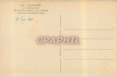 Lourdes — Bazylika i pomnik upamiętniający zmarłych widziane z zamku — Wydawnictwo E. Quinault, Lourdes — Rewers