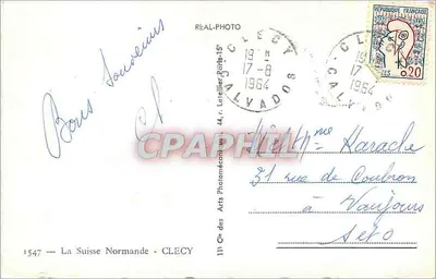 Clécy — Pełnowymiarowy widok z Zamekiem Suraines i miejscami w dolinie Orne — CLECY — Rewers