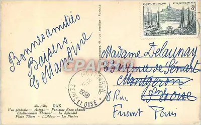 Dax Landes — Vista geral — Estabelecimento Termal — Fonte de água quente — Place Thiers — O Adour — A Piscina — Editor: Cie des Arts Photographiques — Verso