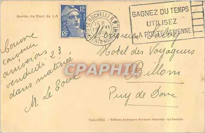 Wyjazd z portu La Rochelle — widok portu z wieżami i statkami — Wydawnictwo Artisitiques Raymond Bergevin — Rewers