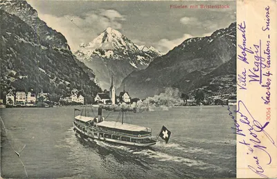 Flüelen com Bristenstock — vista do lago com barco a vapor — editor Villa Hofmalt, n° 3054