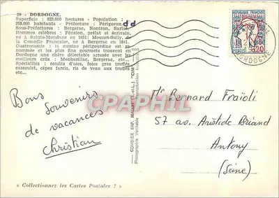 Bilhete postal moderno Prefeitura da Dordogne Perigueux Subprefeitura Bergerac Nontron Sarlat — Verso