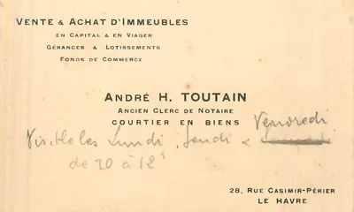 Carta de visita de André H. Toutain — Corretor de imóveis, ex-escrivão de notário — Le Havre