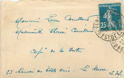 Carta postal endereçada a Sr. e Sra. Louis e Thérèse Coullard em Le Havre — selo de 25c azul República Francesa, carimbo 'POSTE DENT 21 JUNHO 1895'