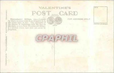 Westminster Bridge & Houses of Parliament, Londen — (bij nacht) — Ansichtkaart Valentine's n°77377 — Achterkant