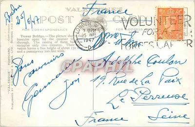 Most Tower, Londyn — widok z przejeżdżającym się statkiem — wydawca Valentine's Card, n° 43871 — Rewers