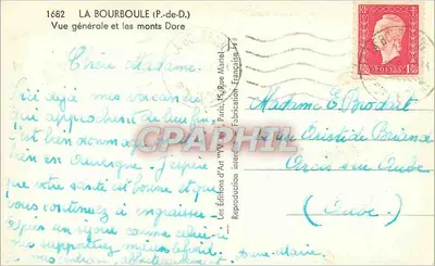 La Bourboule (P.-de-D.) — Vista geral e os montes Dore — Edições de Arte 'V.V.' Paris — Verso