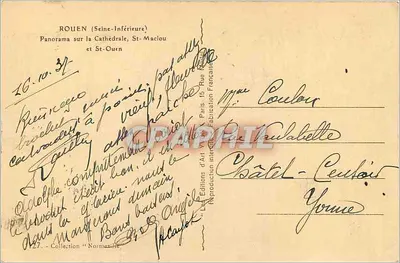 Rouen (Seine-Inférieure) — Panorama na Katedrę, św. Maclou i św. Ouen — Éditions d'Art, Paryż — Rewers