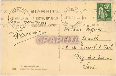 Biarritz - A Grande Praia — Héliogravure Lahouane, n° 9 — Verso