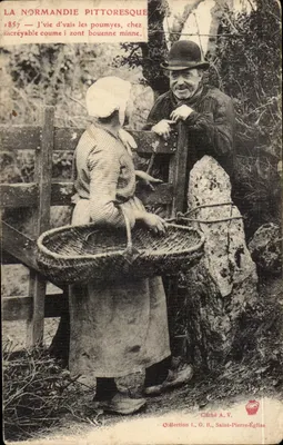 A Normandia pitoresca — 1857 — J'vie d'vais les poumyes, chez incréyable coume i zont bouenne minne. — Chché A.V. — Coleção L.G.B., Saint-Pierre-Église