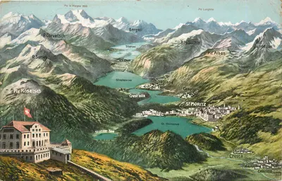 Visão aérea dos lagos e montanhas de St. Moritz — Wehrli A.-G., Kiltzberg-Zurich
