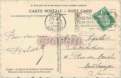 Cannes - O Cabo da Croisette e a Promenade — Editado pela Agência N° da Agência 29, B° Dombasle — Verso