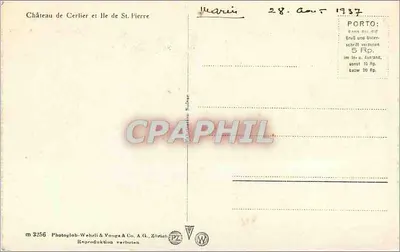 Zamek Erlach z wyspą św. Piotra — widok z powietrza — Photoglob-Weheli & Vouga & Co. A.G., Zurych, n° m 3256 — Rewers